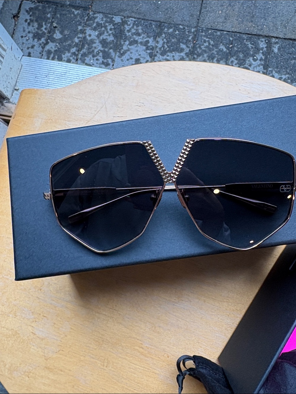 Valentino Black Shield Sunglasses with Gold Stud Bridge